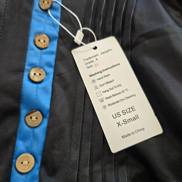 Jiang Wu Blouse Women's XS Black Blue White Fit & Flare 3/4 Sleeves Ruffles NWT - Picture 4 of 16